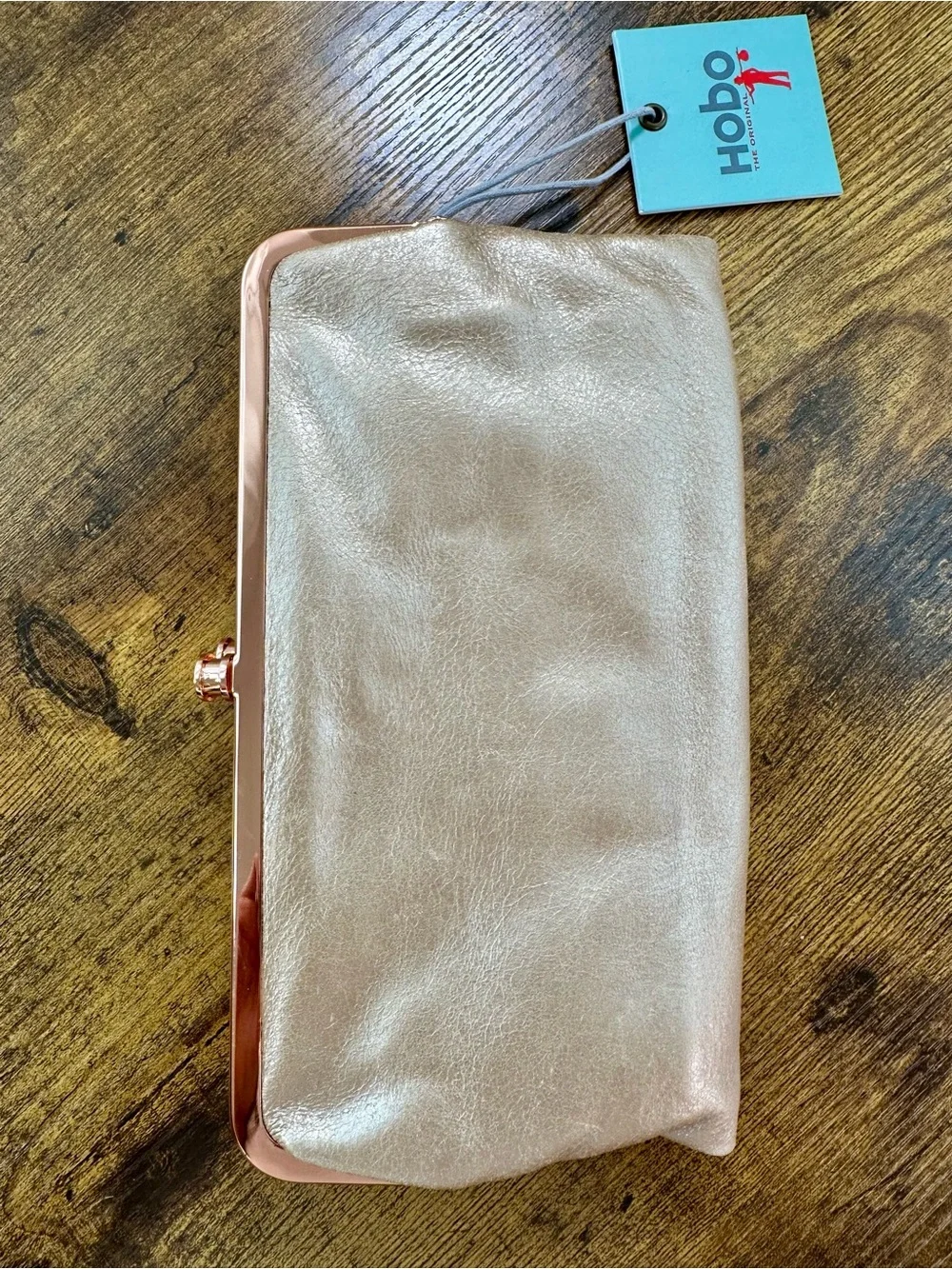 Hobo Lauren Clutch Wallet, Double Kisslock, Blush Leather, Rose Gold Hardware